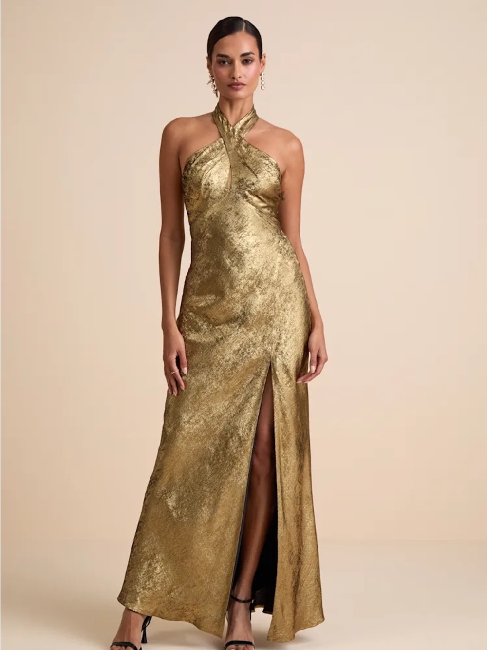 Knoxley Shiny Gold Lurex Cross-Front Halter Maxi Dress